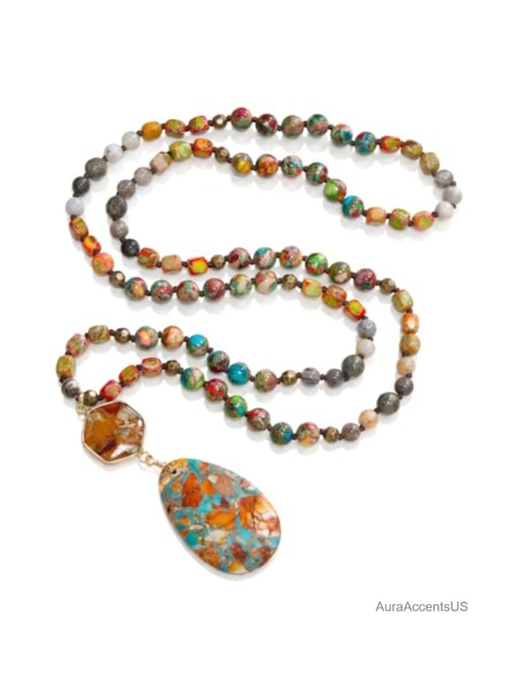 Natural Stone Beaded Long Necklace Boho Teardrop Pendant 32-34 Inch Strand
